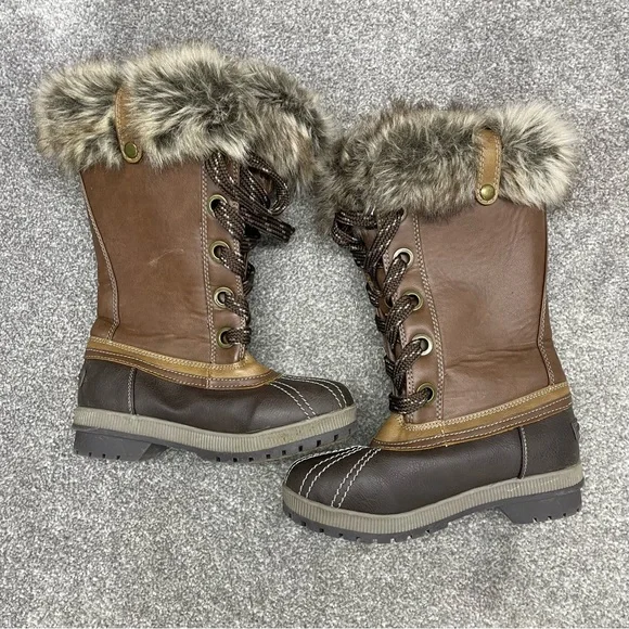 LONDON FOG BROWN LEATHER MID CALF BOOTS FAUX FUR LACE UP CHUNKY Y2K
Size UK 6 - Picture 2 of 8